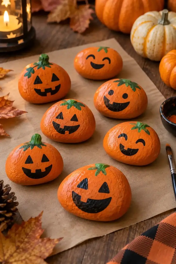 Smooth round rocks painted orange with friendly pumpkin faces on a kraft paper mat