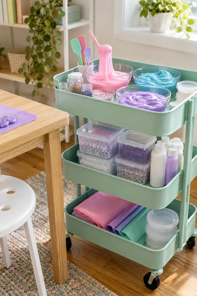 Three tier mint rolling cart slime station with bowls of slime on top and lidded tubs below
