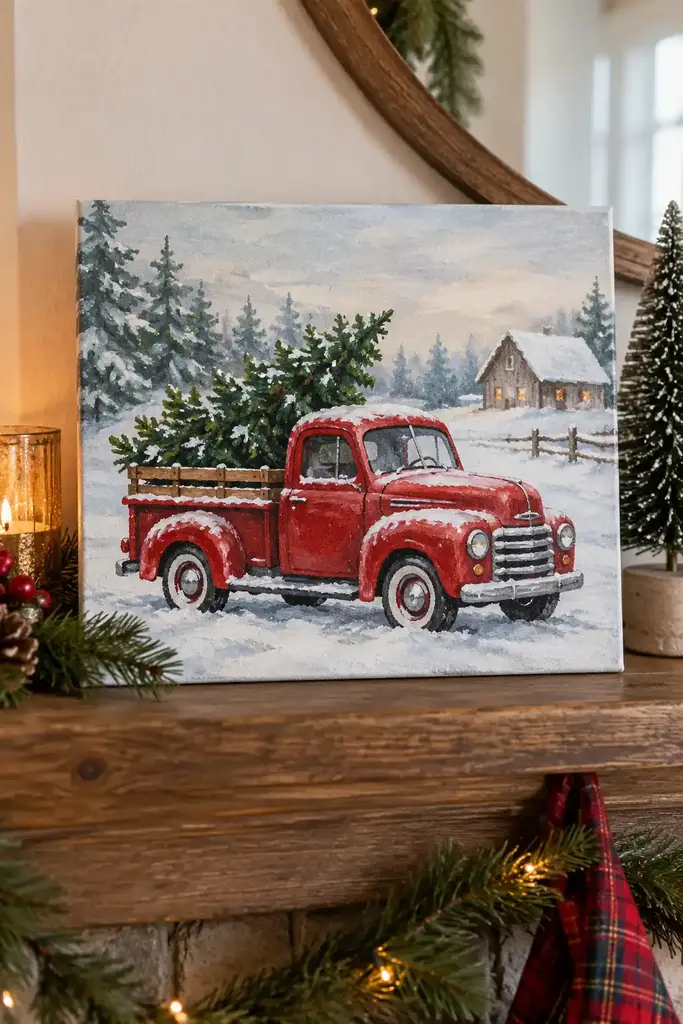 A red vintage truck carries an evergreen through a snowy scene
