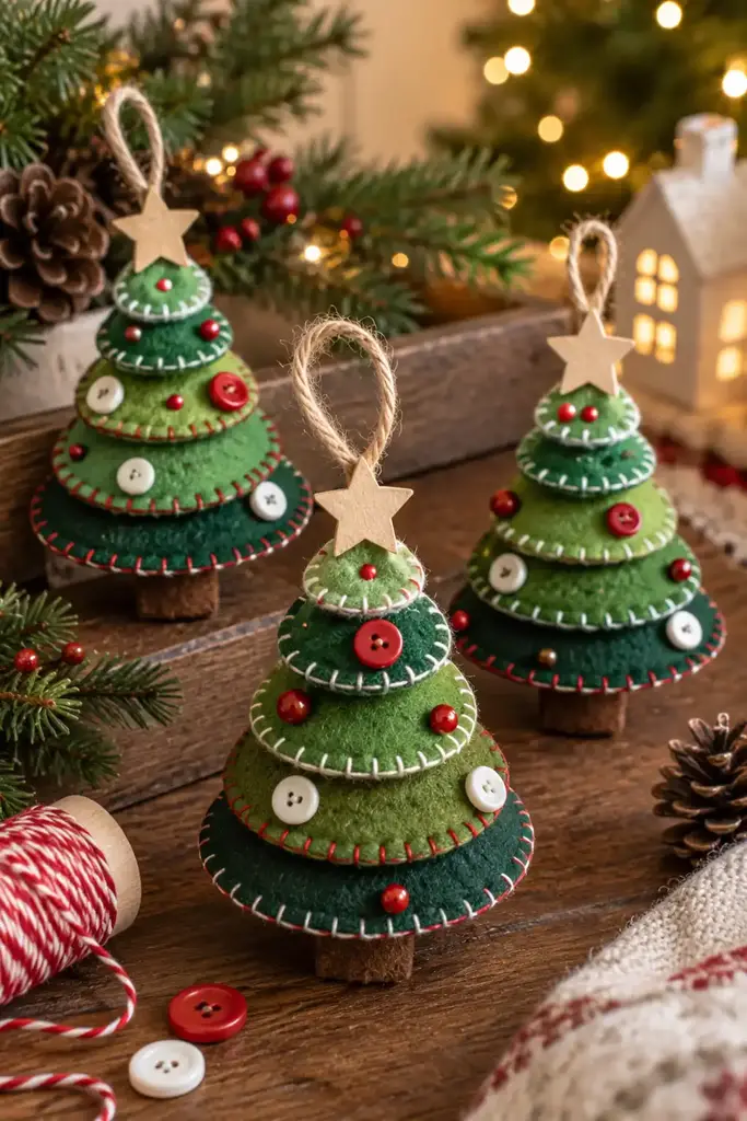 Green felt trees have visible edge stitches, buttons and small star toppers
