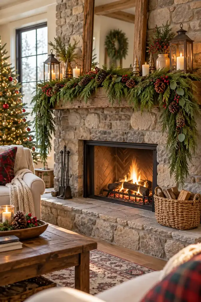 Stone fireplace with cedar garland