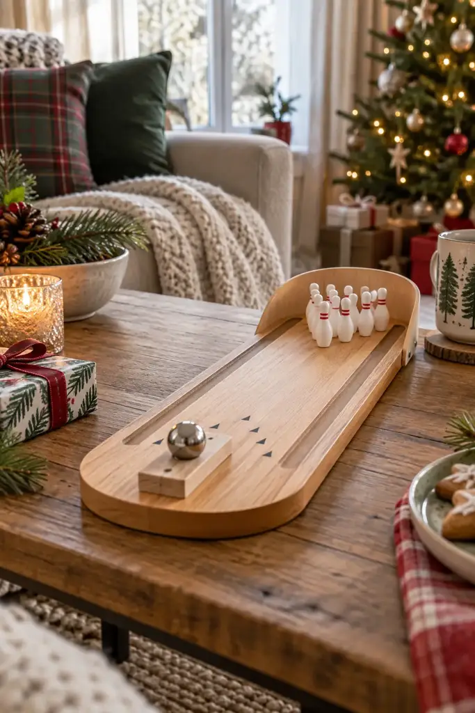 Wooden tabletop bowling lane with ten mini pins and a small metal ball