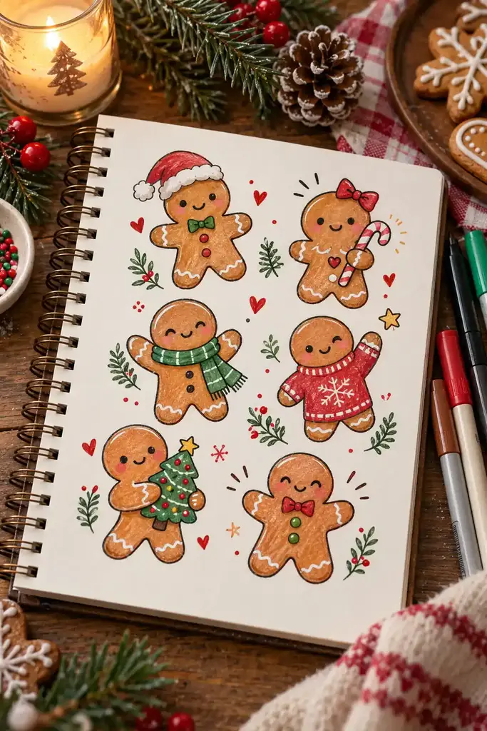 Gingerbread character Christmas doodles with white icing details