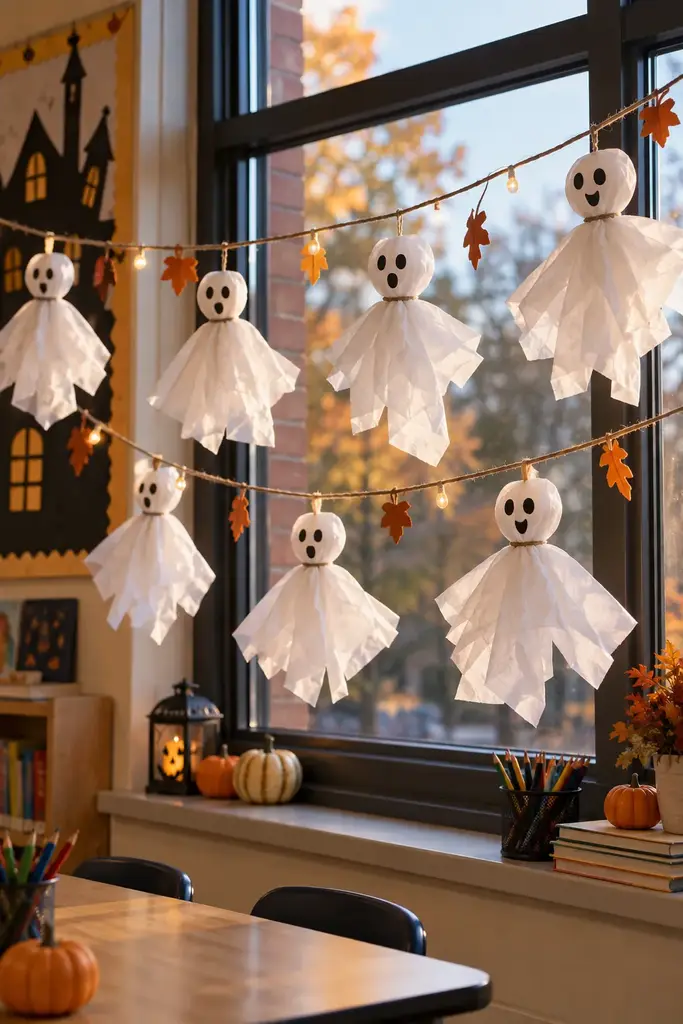 White tissue paper ghosts hanging on yarn across a classroom window