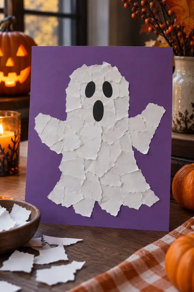 White torn paper ghost collage on purple cardstock made from large paper pieces