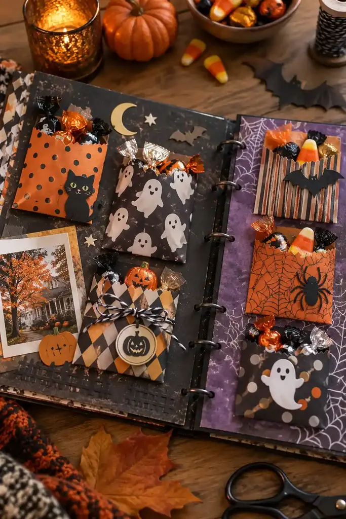 Halloween scrapbook spread with small patterned paper treat pockets and candy wrapper accents