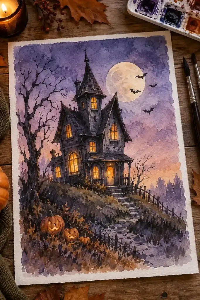 Watercolor painting of a crooked haunted house under a violet twilight sky
