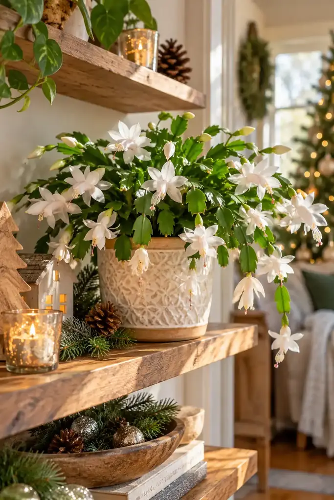 White Christmas cactus on a shelf