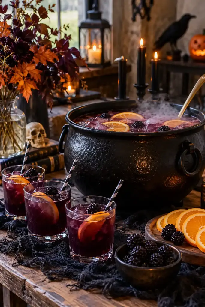 Halloween drink station with purple berry punch in a black cauldron bowl, clear glasses and orange slices