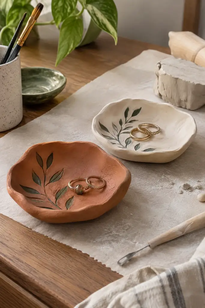 Handmade air dry clay trinket dishes in terracotta and cream with leaf impressions holding small rings