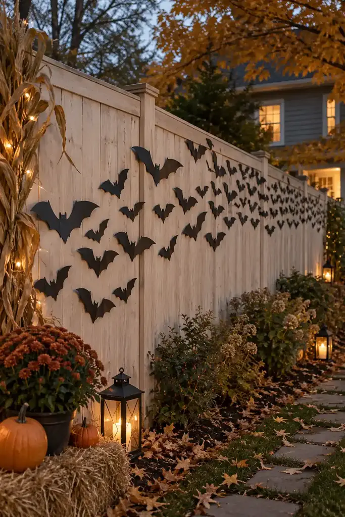 Pale backyard fence with a swarm of matte black paper bat silhouettes