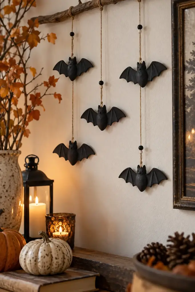 Small matte black clay bat wall charms hanging from twine on a pale wall