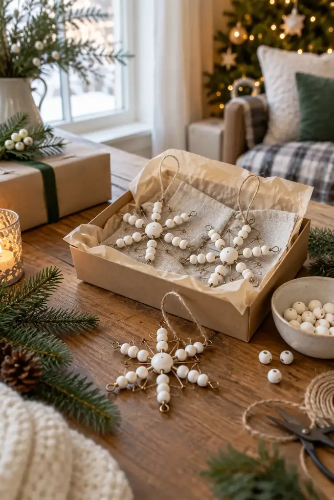 White wooden bead snowflake ornaments on wire with twine hanging loops in a kraft box