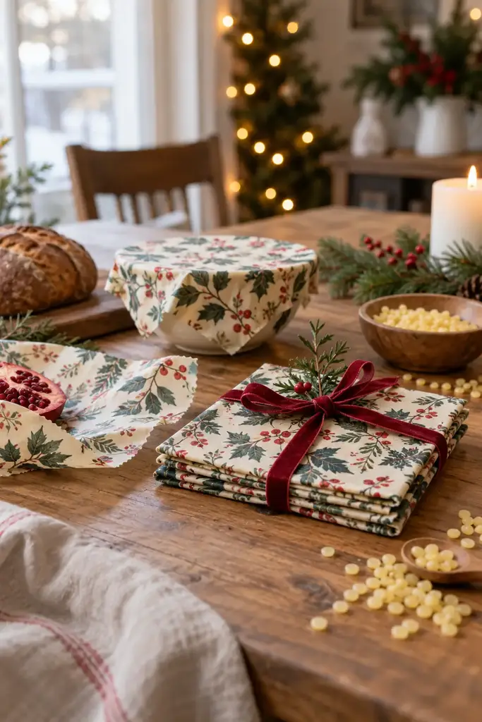 Holly print beeswax food wraps folded and tied with red velvet ribbon, with one wrap covering a bowl