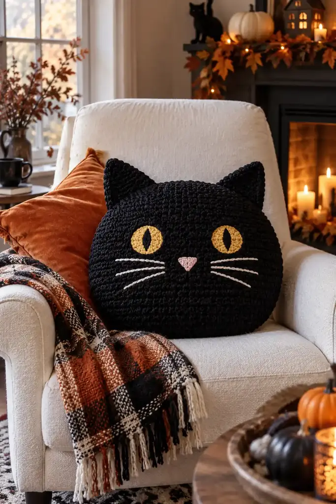 Crocheted black cat shaped cushion with stitched whiskers on a cream armchair
