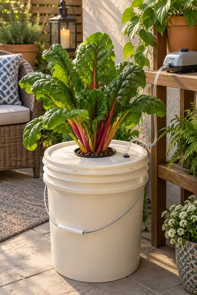 Single cream five gallon bucket deep water culture system with Swiss chard in a net pot and an air pump on a patio shelf
