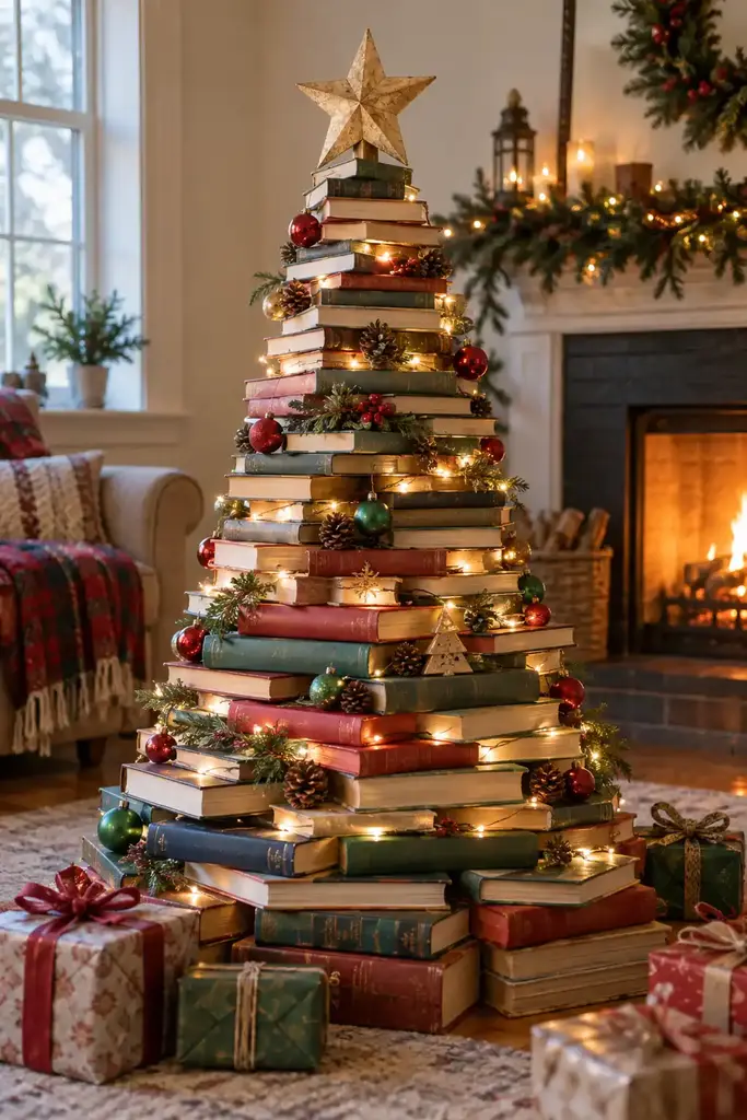 Closed hardcover books form a broad tree shaped stack with lights between levels