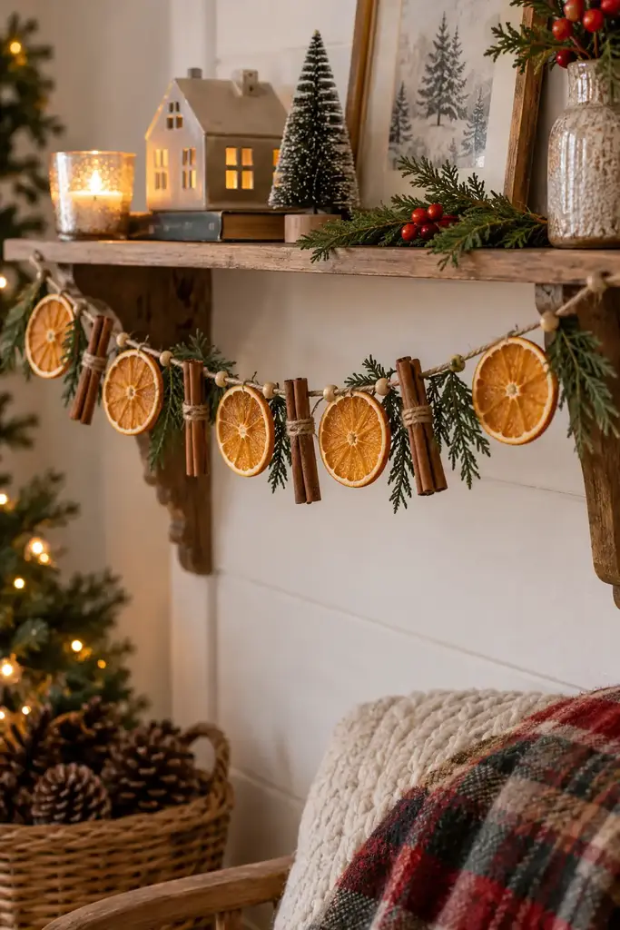Dried orange slices alternate with tied cinnamon bundles along a shelf garland