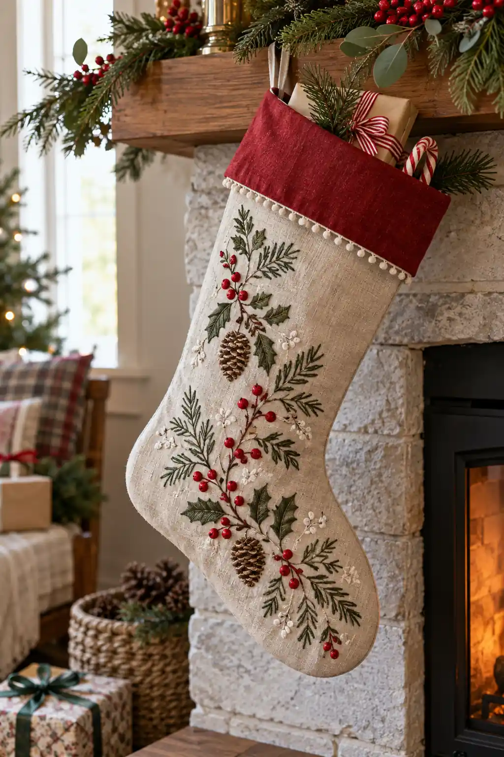 Embroidered Linen Stocking Christmas crafts for adults