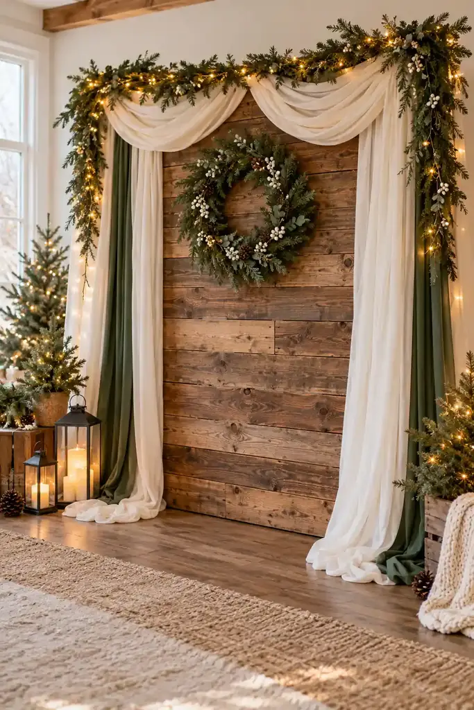 Fabric draped rustic wood backdrop