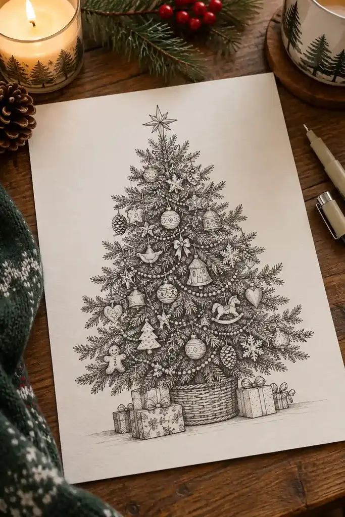 A detailed evergreen tree has hanging baubles, bead garlands and gifts around its base