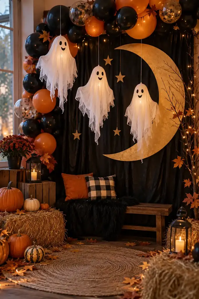 Halloween party photo corner with hanging fabric ghosts, black and orange balloons and a crescent moon backdrop