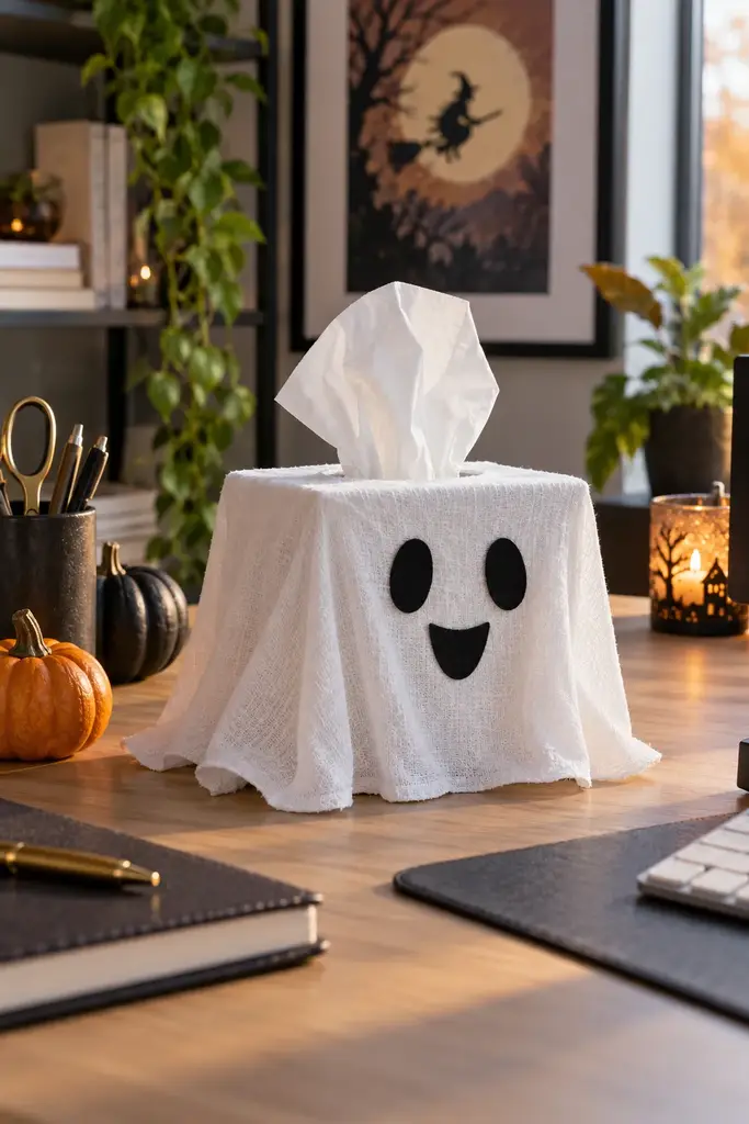 White tissue box decorated as a friendly ghost on a modern office desk
