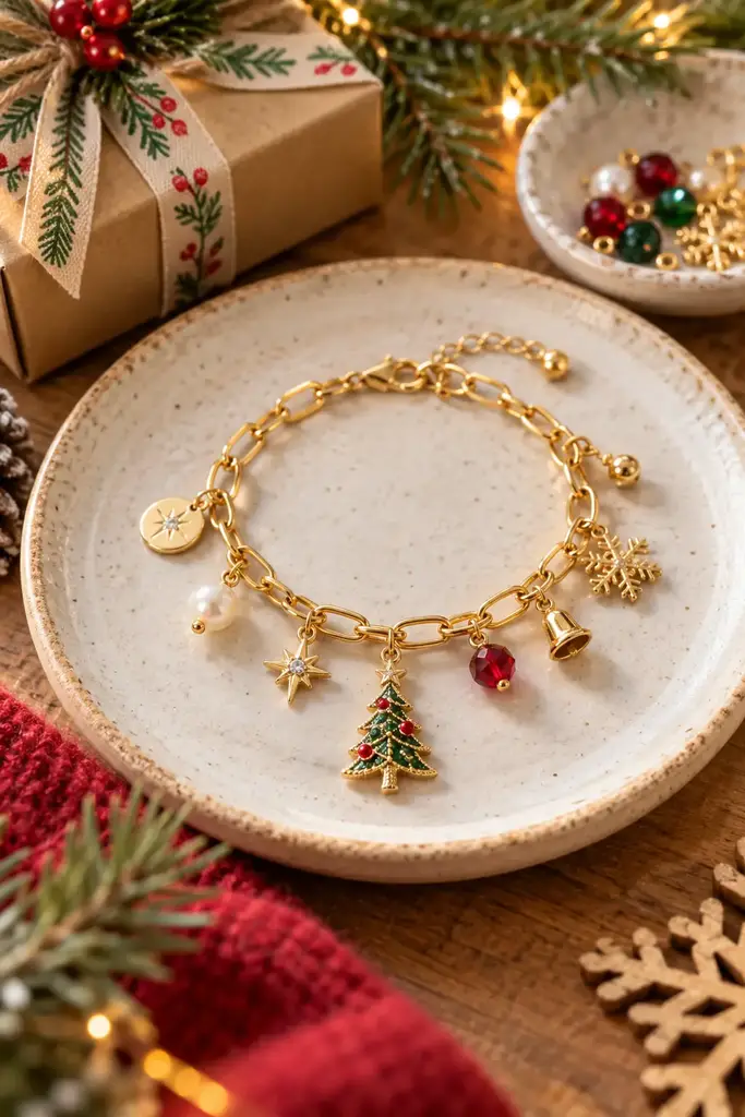 Gold charm chain bracelet with tiny tree