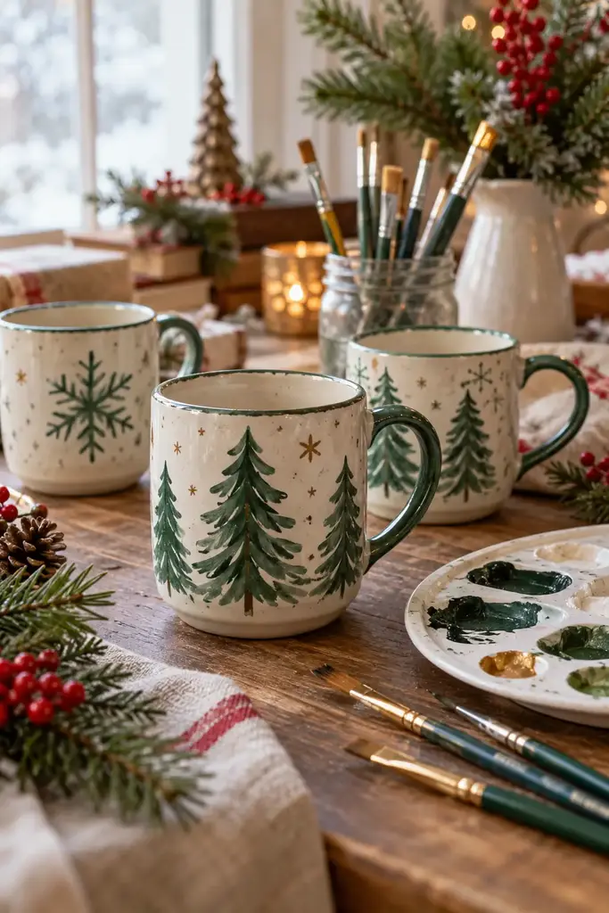 White ceramic mugs hand painted with green Christmas trees and snowflakes beside a paint palette