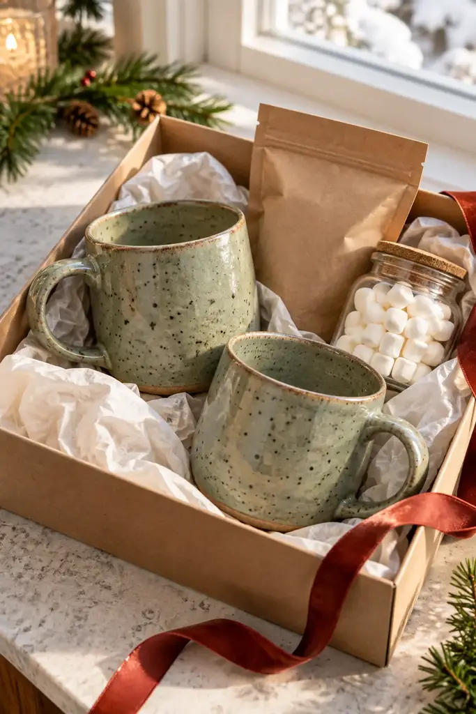Two speckled green handmade stoneware mugs in a kraft gift box with cocoa and a jar of marshmallows