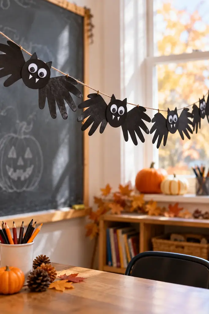 Black paper handprint bats with big eyes strung into a classroom banner