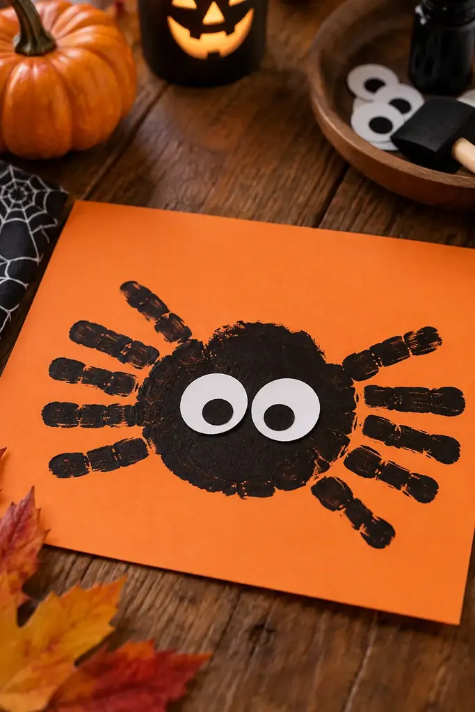 Black handprint spider artwork with large white paper eyes on orange paper