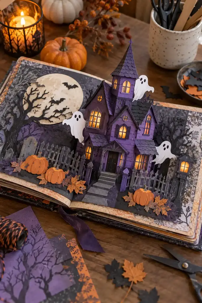 Open scrapbook with a handmade pop up purple haunted house and small paper ghosts