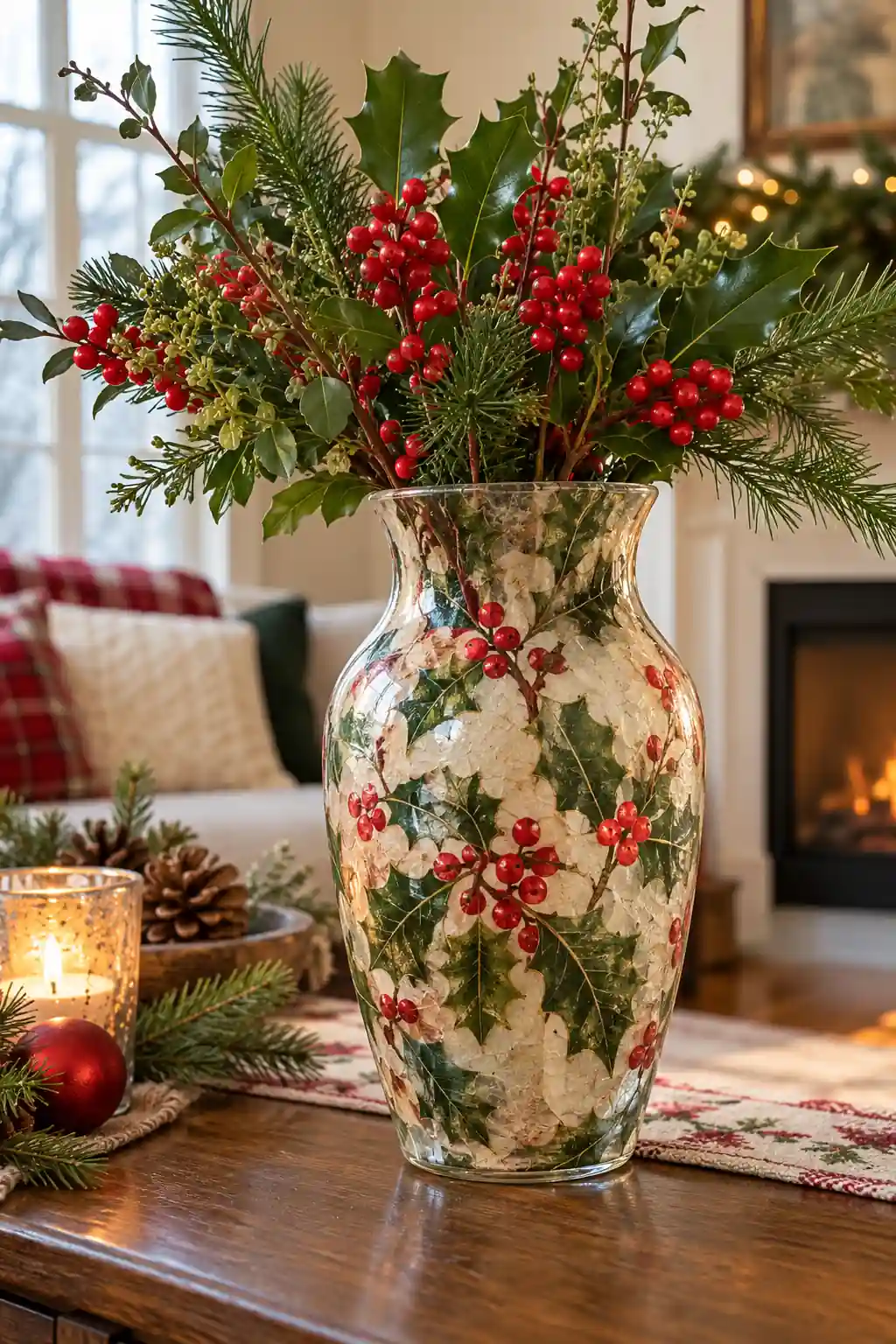 Holly Glass Vase decoupage Christmas ideas