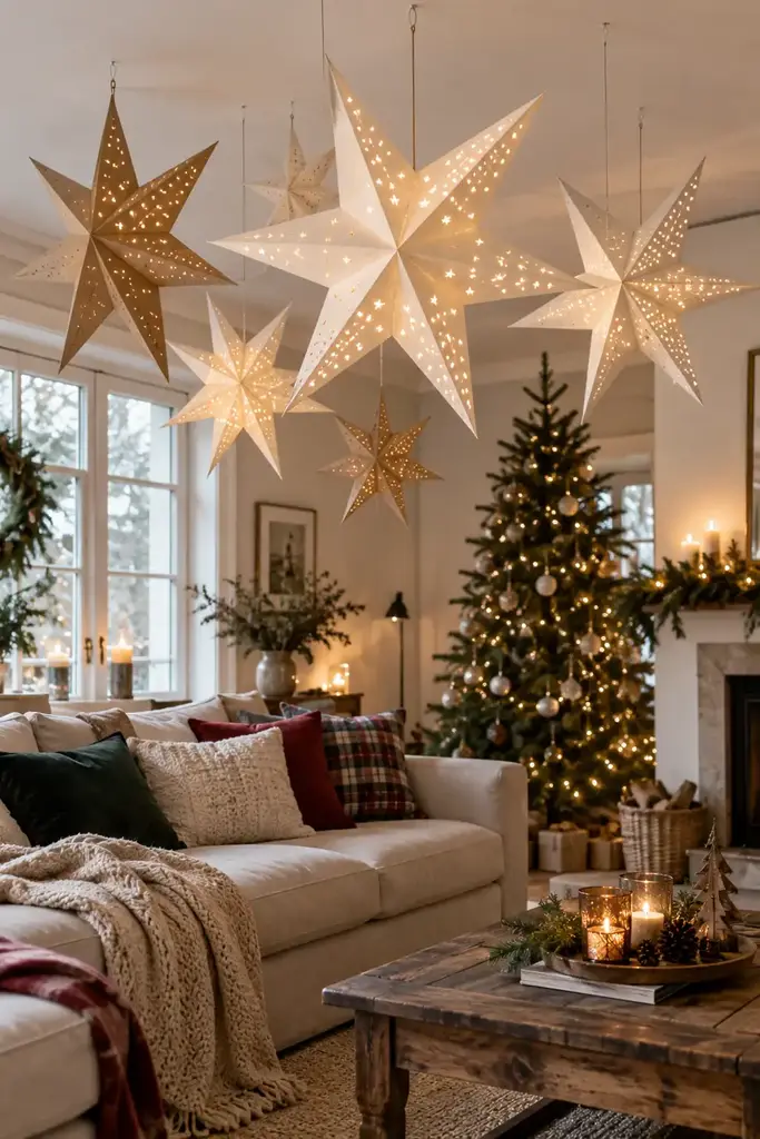 Cream and gold paper stars hang over a living room seating area