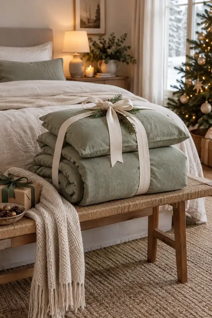 Sage green linen duvet cover and pillowcases folded and tied with cream ribbon on a bedroom bench