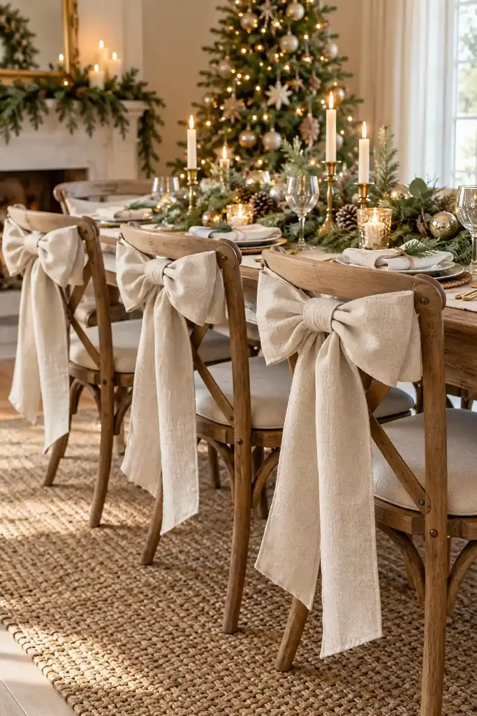 Linen bows on dining chairs