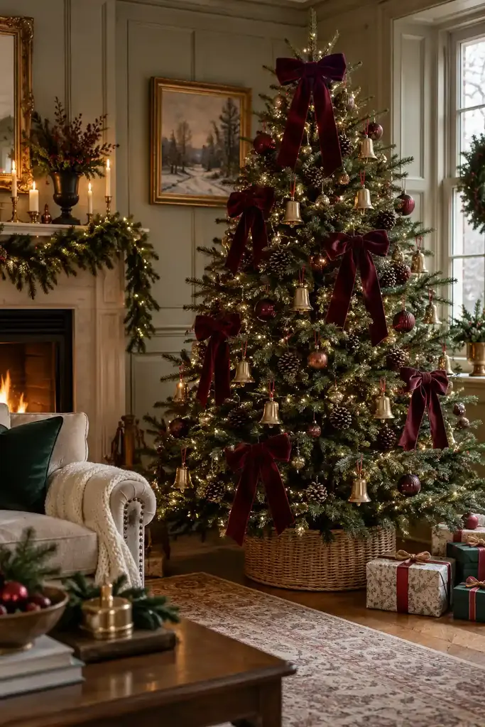 Burgundy velvet bows repeat across a natural green tree with brass bells