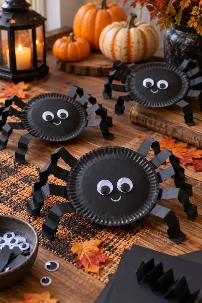 Black paper plate spiders with eight accordion paper legs and funny eyes