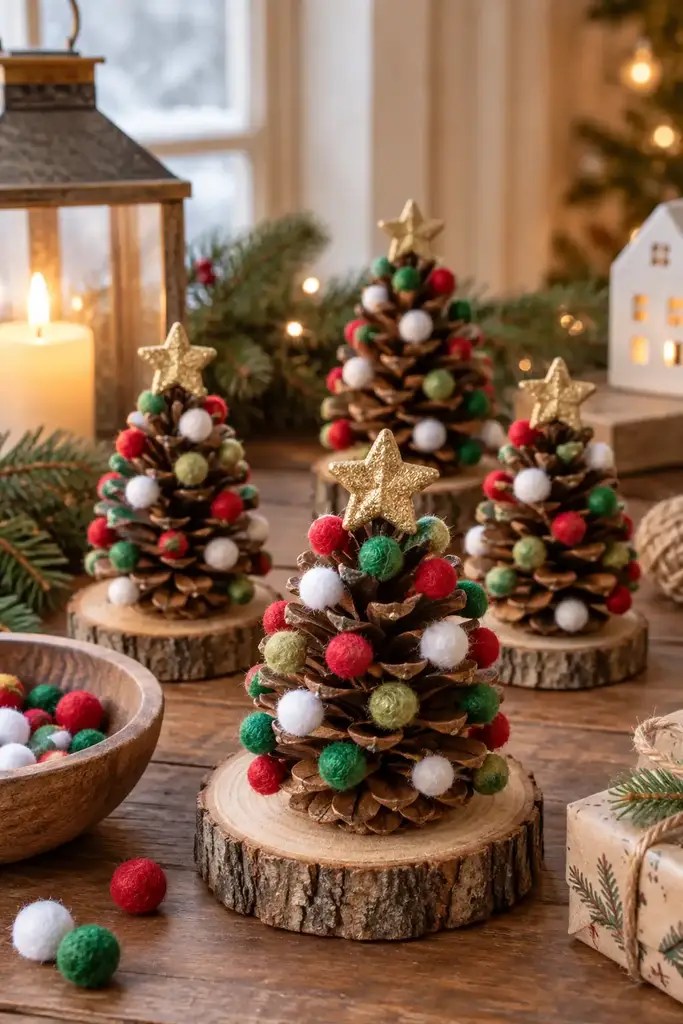 Small pinecones become trees on wooden slices