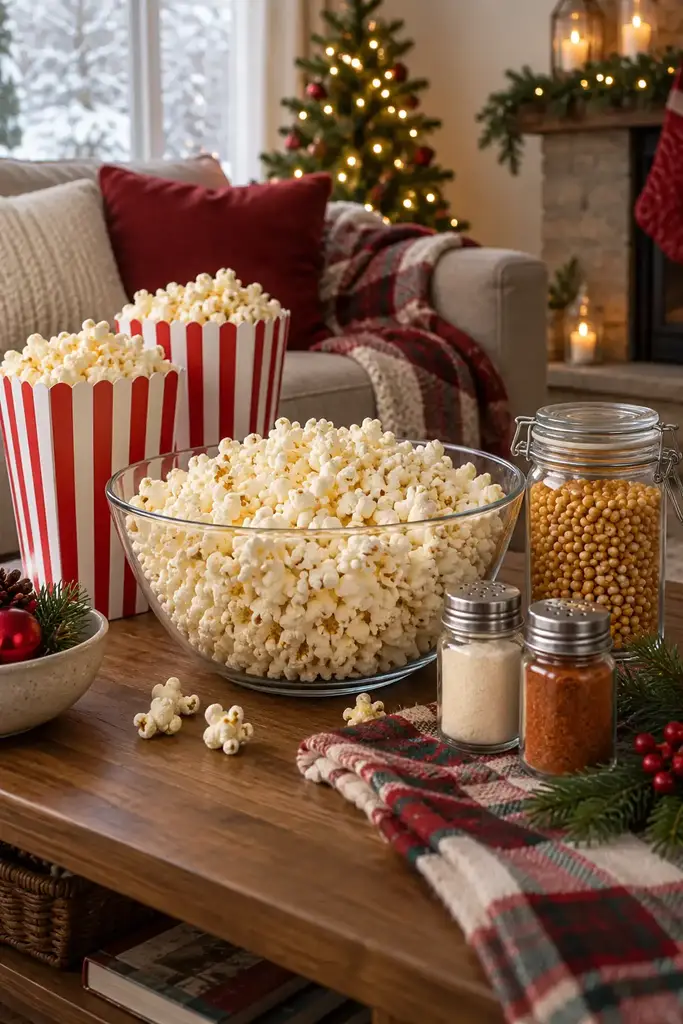 Popcorn movie night kit with striped popcorn boxes, a glass bowl of popcorn, a jar of kernels and seasoning shakers