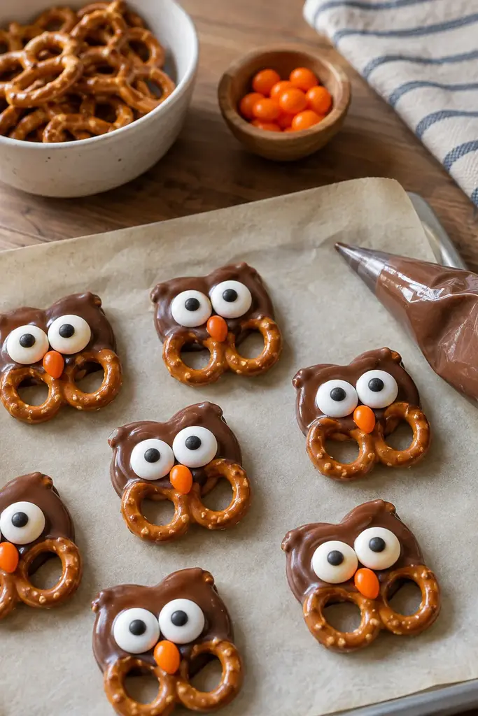 Edible pretzel owls with milk chocolate coating, candy eyes and tiny orange candy beaks on parchment