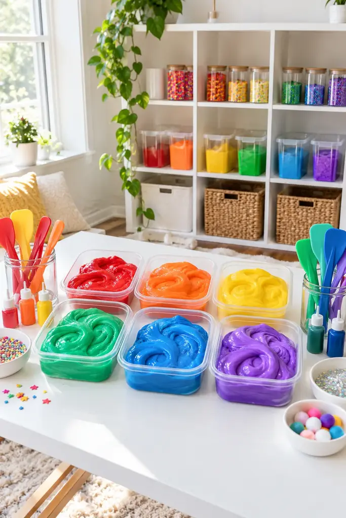 Rainbow slime station with colorful slime sorted in clear containers in rainbow order