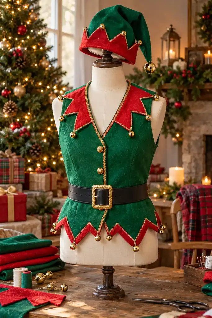 Red and green elf vest and hat costume