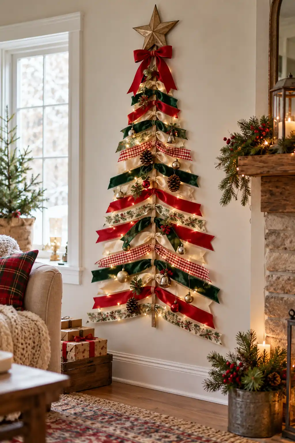Ribbon Wall Tree DIY Christmas decor ideas