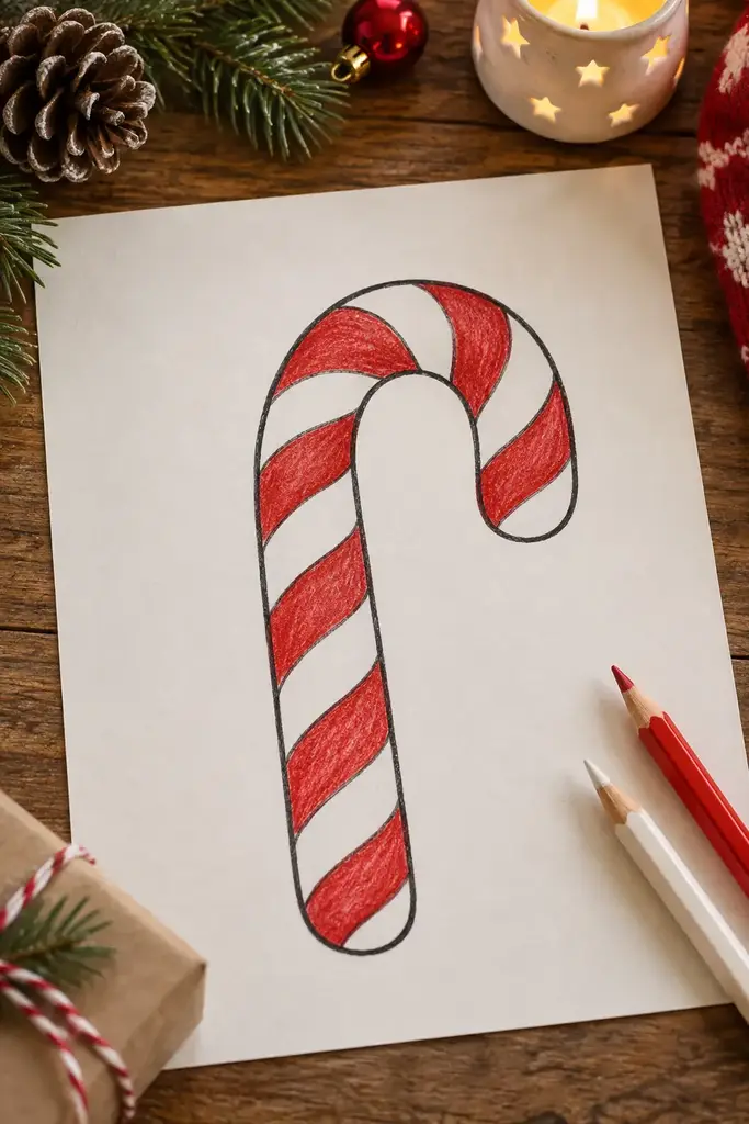 Red stripes wrap around a hooked candy cane