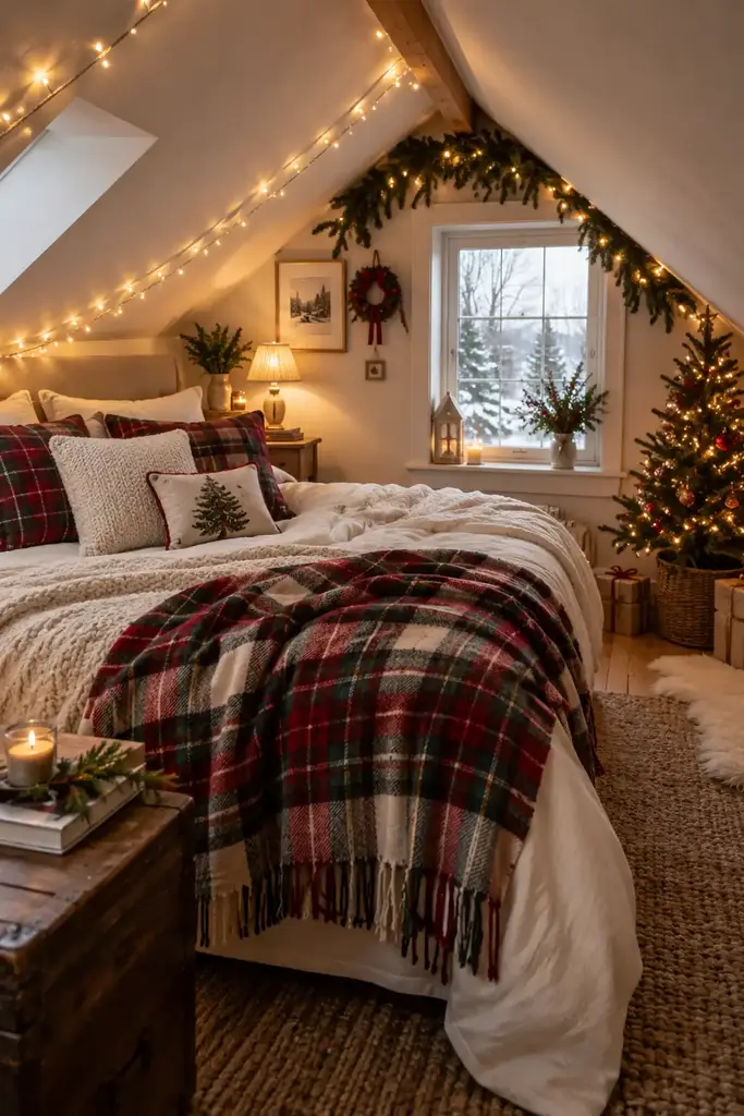 String lights follow the sloping ceiling above a bed with a red plaid throw