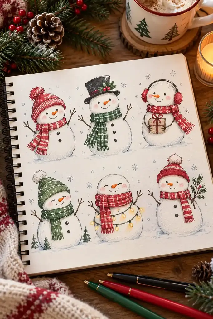 Snowman with a striped scarf doodle for Christmas