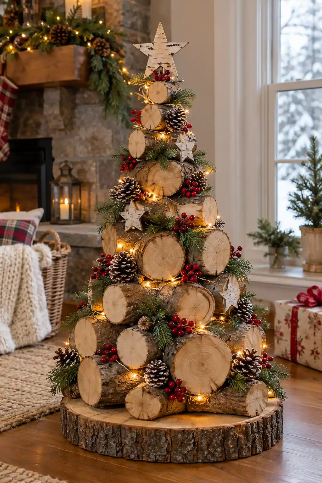 Stacked Log Tree log Christmas decoration ideas