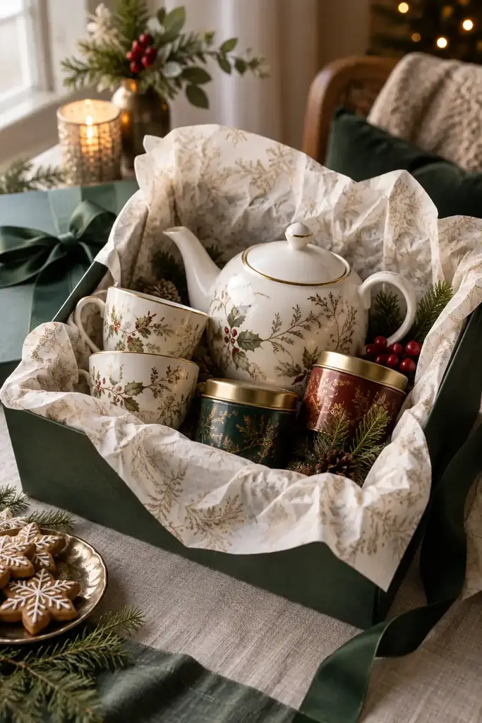 Floral ceramic teapot with two matching cups and green and red tea tins in a gift box